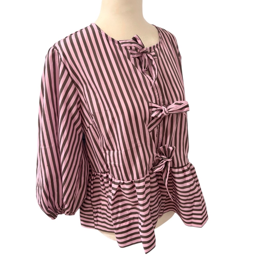 NEW Pink Striped Bow Front Large Peplum Blouse Puff Sleeve Top Coquette - Picture 2 of 8